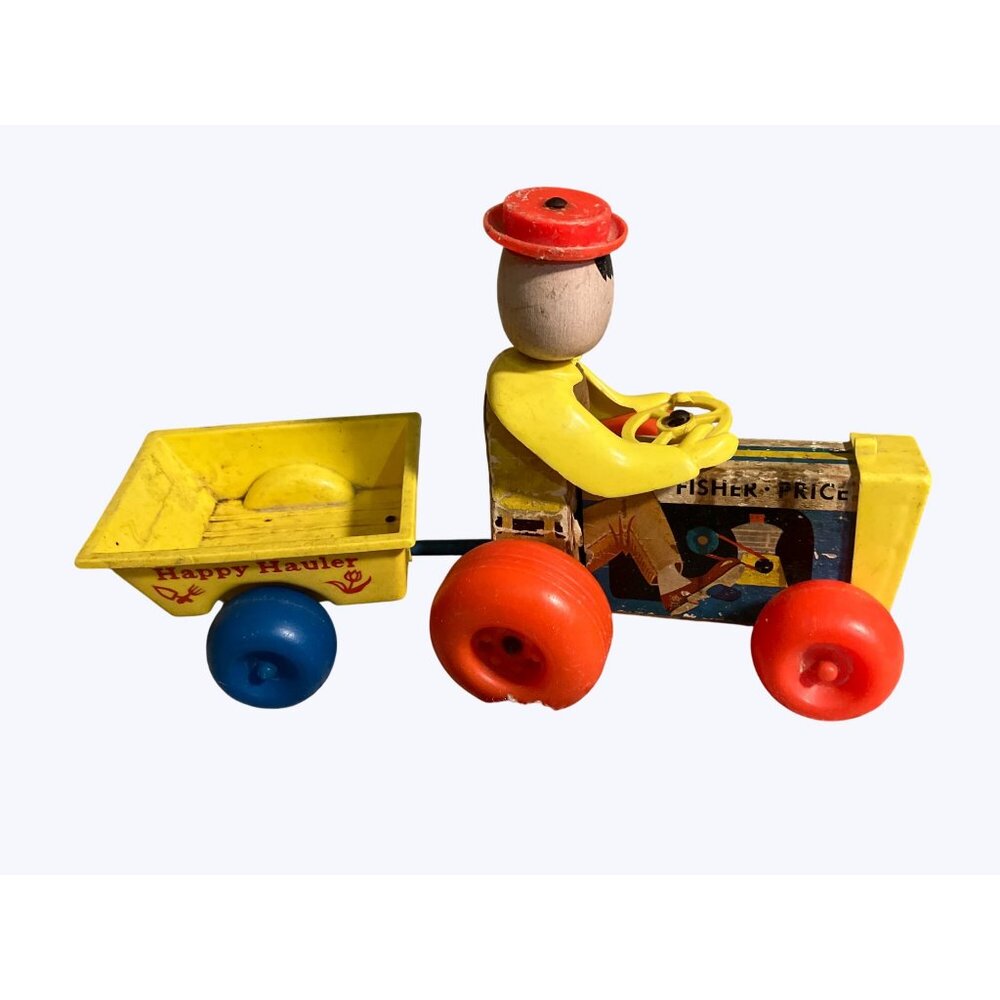 Fisher-Price Vintage Wooden Happy Hauler #732 Pull Toy With Farmer Character